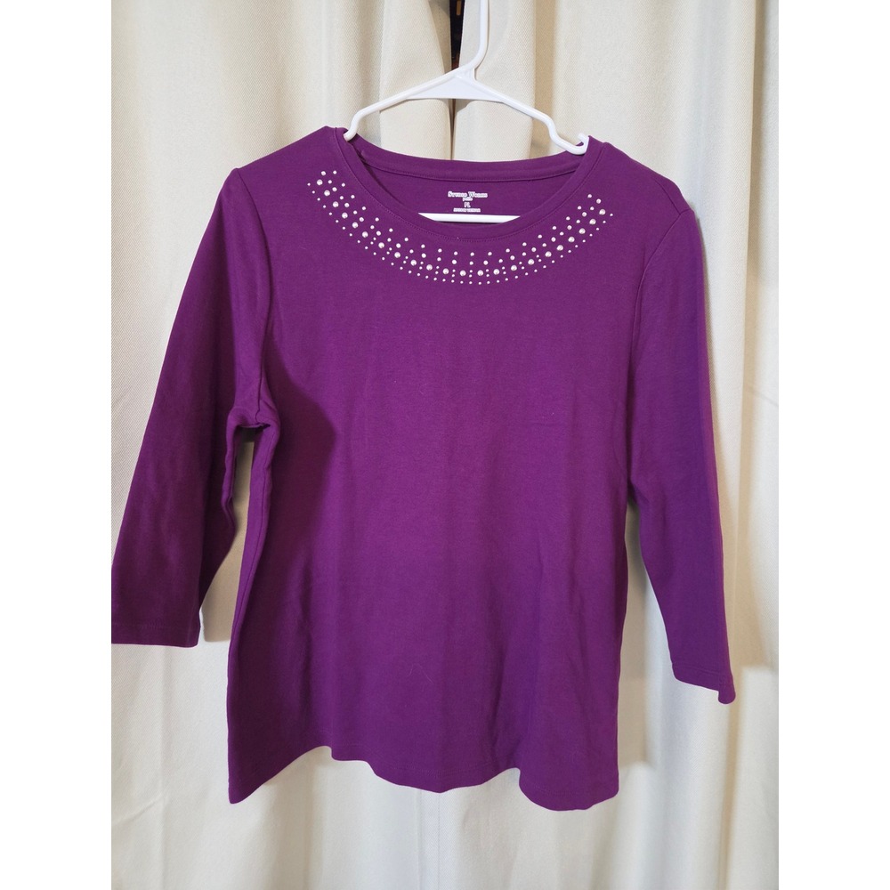 Studio Works Petite Purple Studded Crew Neck 3/4 Sleeve Cotton Top PL